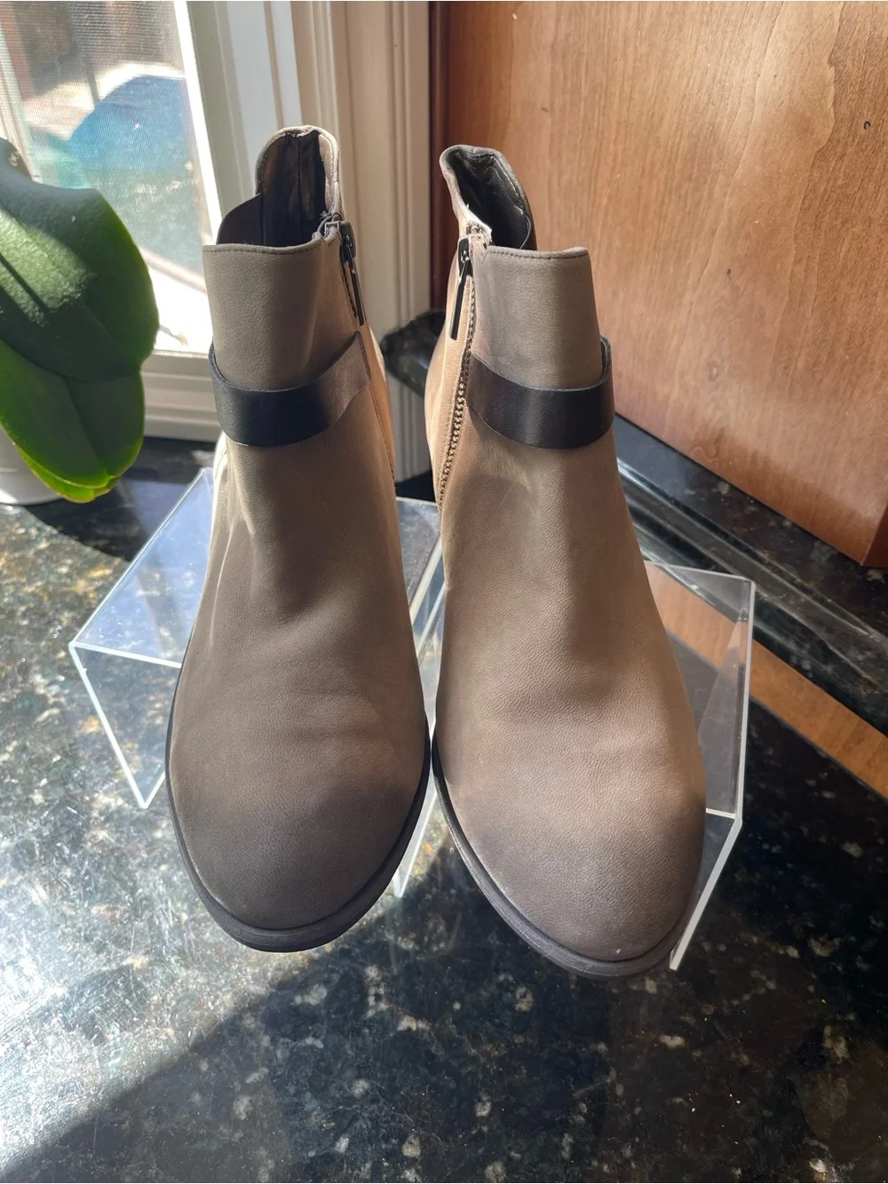 BP Nordstrom Taupe Ankle Boots with Black Strap Accent